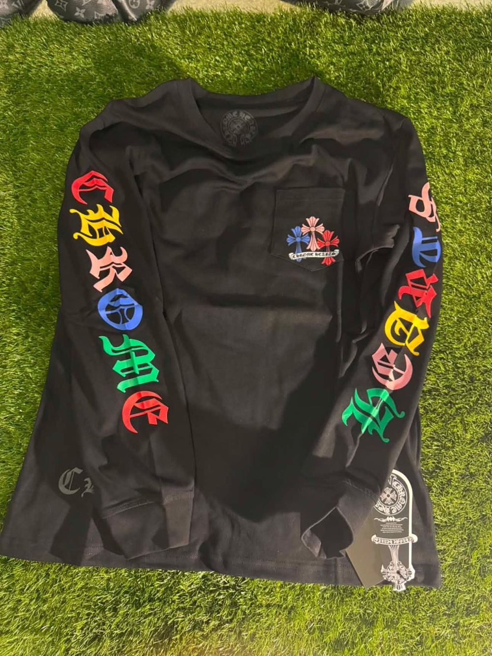 Chrome Hearts Black Long-Sleeve Tee with Multicolor Sleeve Graphics